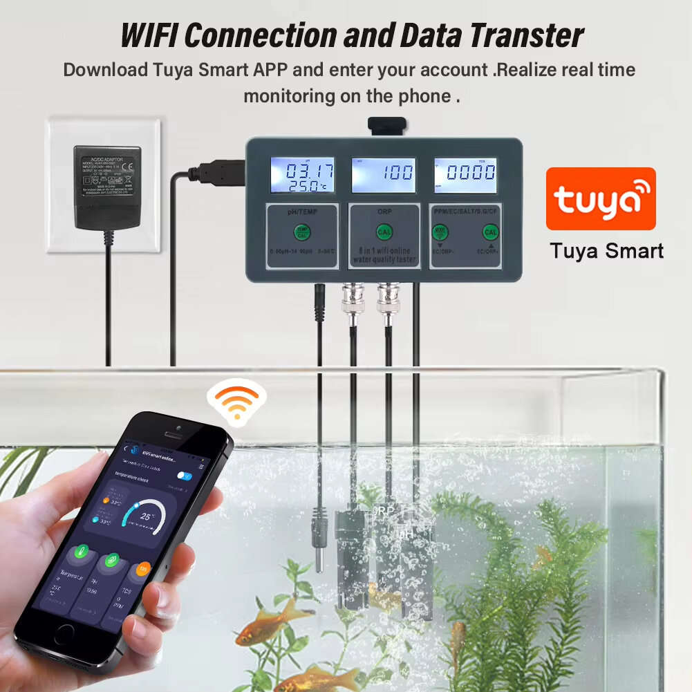 EU Plug - 8 in 1 Tuya WiFi Smart PH Meter Data Logger Temp TDS Salinity S.G. EC ORP Water Tester Mon