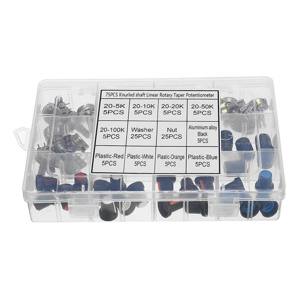75 Potentiometers B5K B10K B20K B50K B100K ohm Knurled Shaft Single Linear Rotary Cone Volume Contro