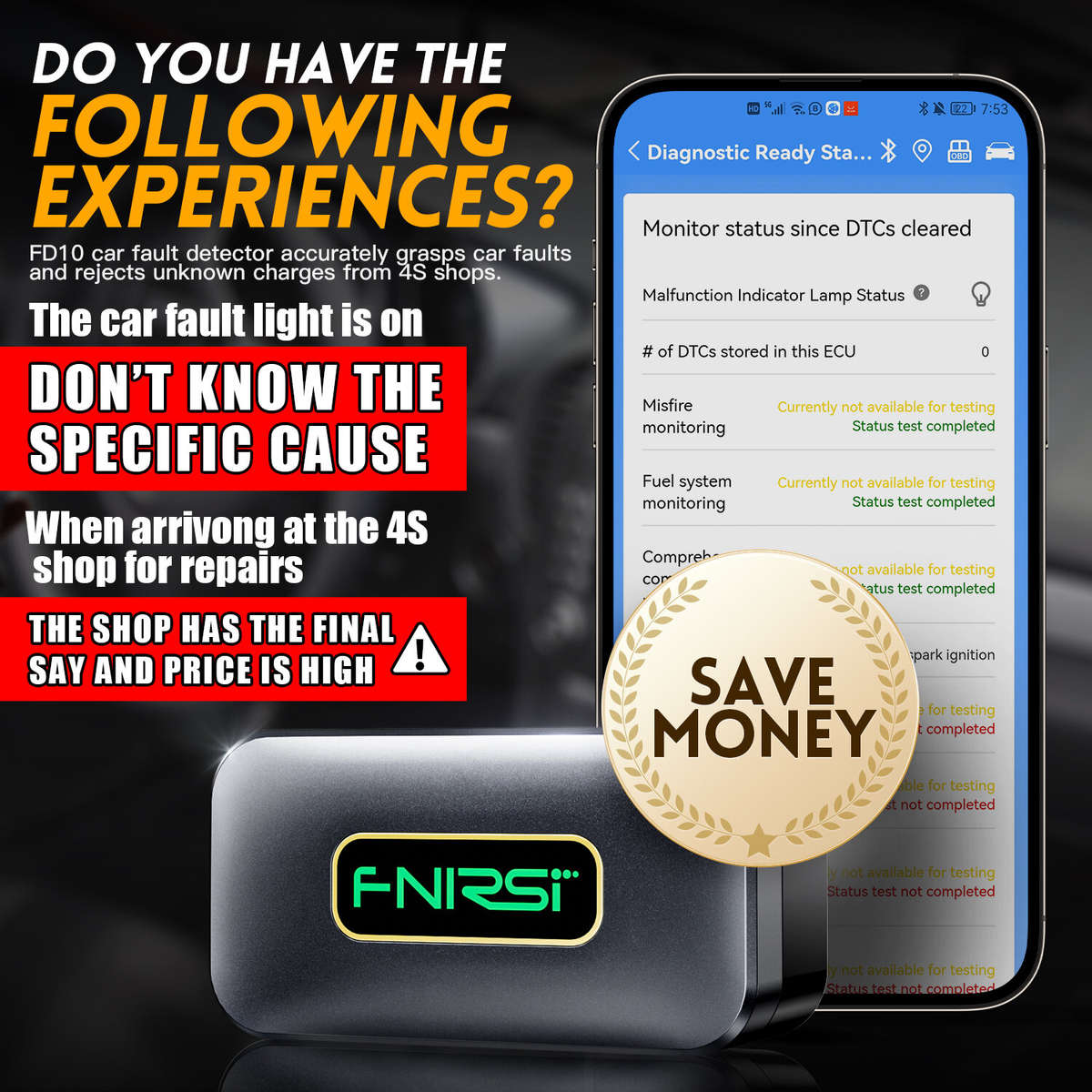 FNIRSI FD10 Car OBD2 Scanner Code Reader Clear Error OBD Diagnostic Tool IOS Android BluetoothV5.1 C