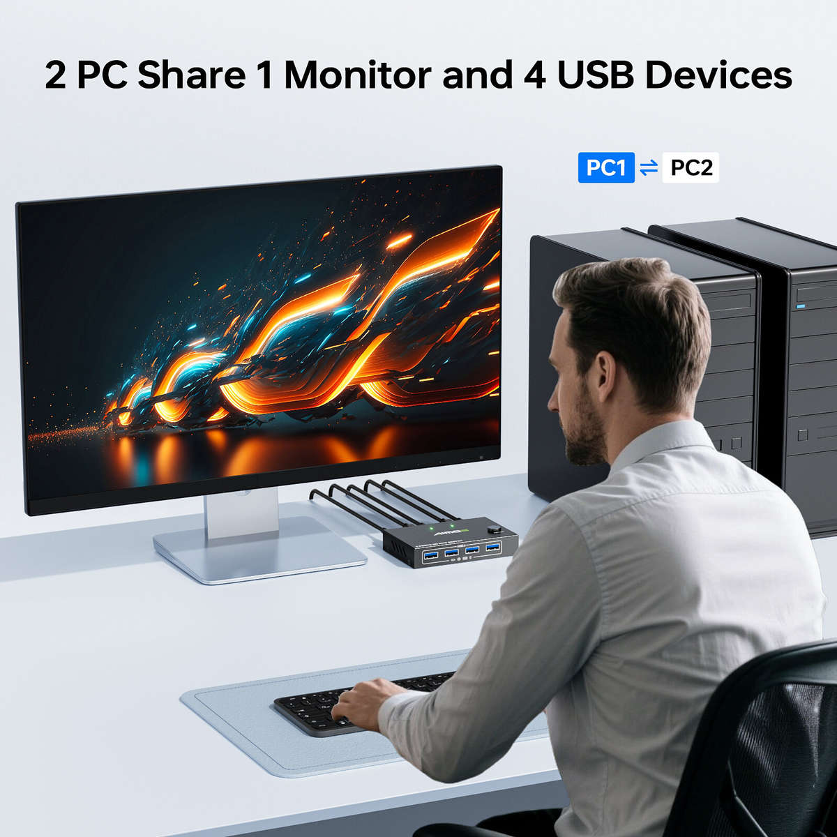 Black - AIMOS 2 In 1 Out HD KVM Switch Box USB Hub Video Display USB Switcher Splitter for 2 PC Shar