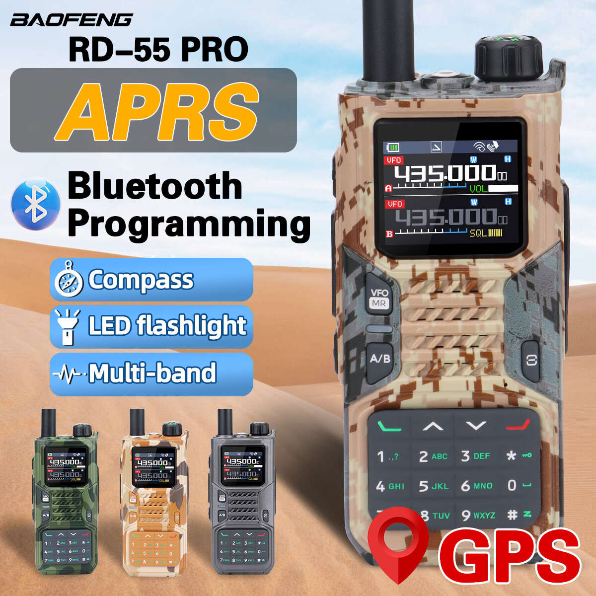 Camouflages Desert - BAOFENG RD-55 PRO 10W Walkie Talkie Multi-Band GPS APRS bluetooth Programming W