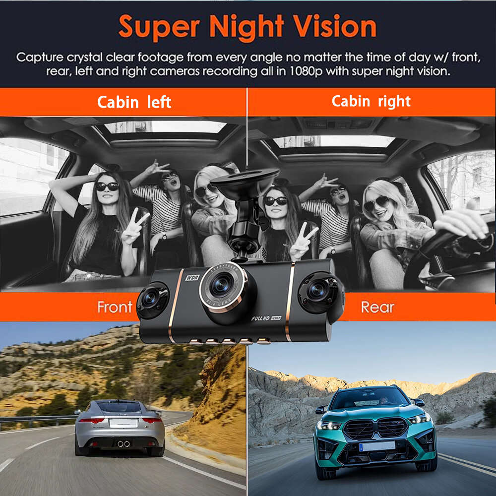 Black - 3 Inch IPS Screen 4 Lens Car Dashboard DVR Dash Camera Wifi Infrared Night Vision G-sensor 1