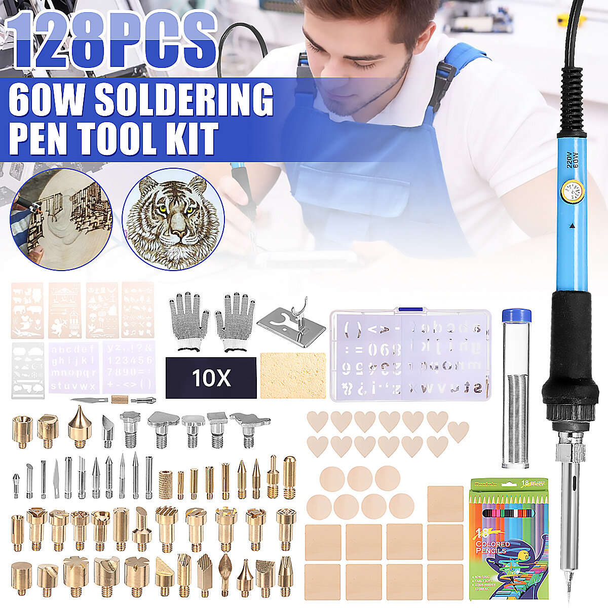 128Pcs 60W Electric Soldering Iron Kit Engraving Pen Wood Burning Pyrography C