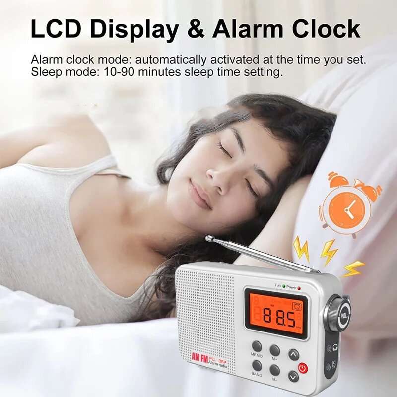 White - Portable AM FM SW Radio LCD Display DSP Technology 3W Speaker 60 Station Memory Alarm Clock