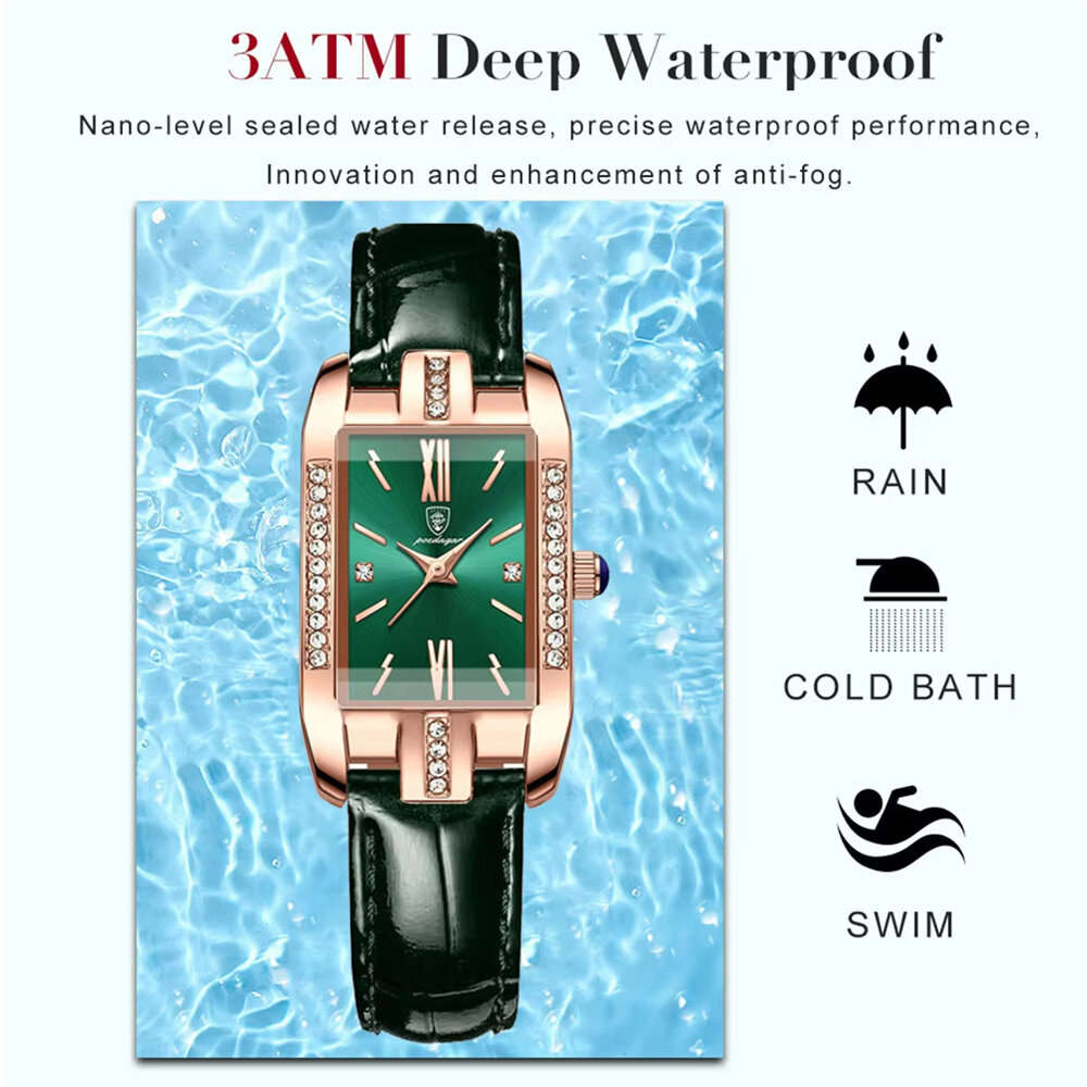 Green - POEDAGAR Fashion Rectangular Quartz Watch Female Luxury Elegant Clock Waterproof Leather Ban