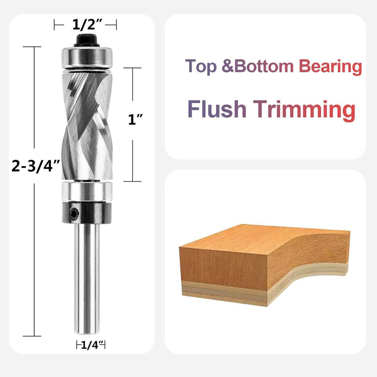 1-1/4 Inch - 1/4 Inch Shank Carbide Compression Flush Trim Router Bit with Top Bottom Bearing 1/2 In