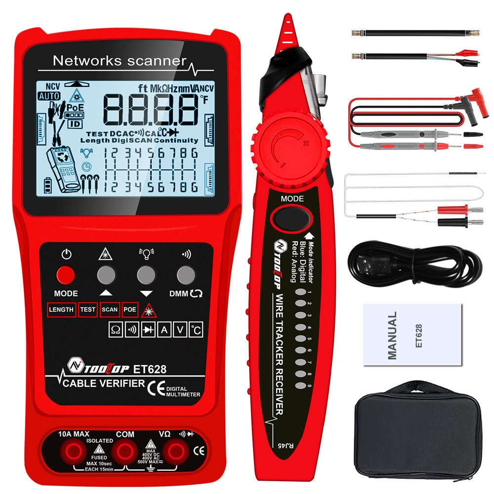 TOOLTOP 3 in 1 Network Cable Tester + Multimeter + Red Light Pen 600M Network Cable Length Measure A