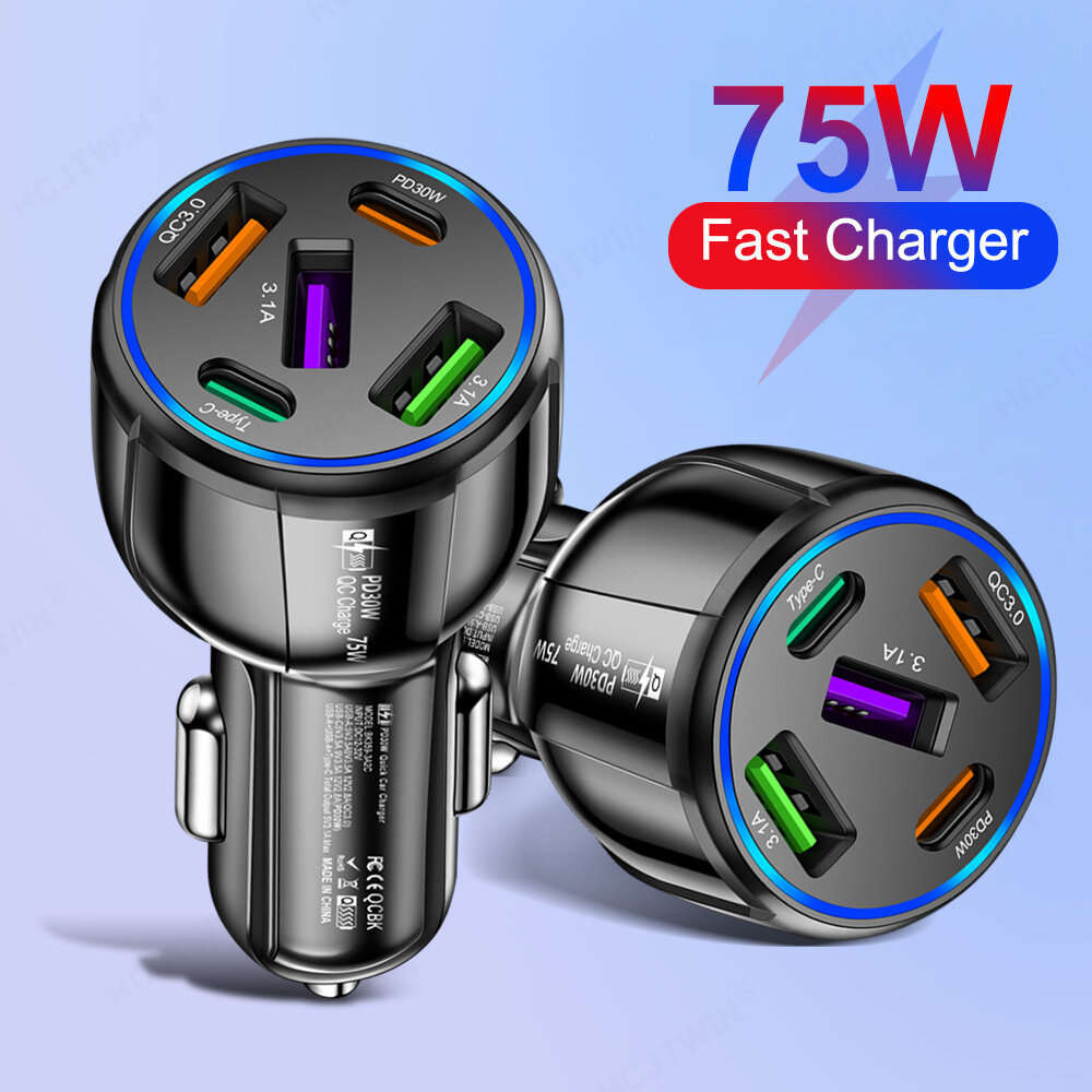 White - 75W 5-Port USB PD Car Charger Adapter 3USB-A+2USB-C PD QC3.0 Fast Charging for iPhone 15 15