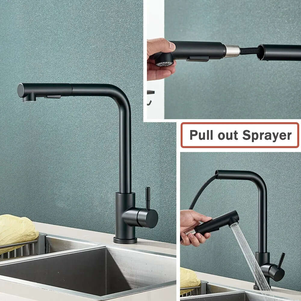 Black - 304 Stainless Steel Pull-out Faucet with 2 Modes Pull Out Kitchen Sink Faucet Stainless Stee