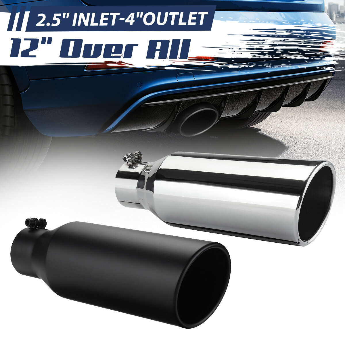 Silver - 2.5 Inch Inlet 4 Inch Outlet Exhaust Tip 12 Inch Length Anti-Corrosive High Temperature Res