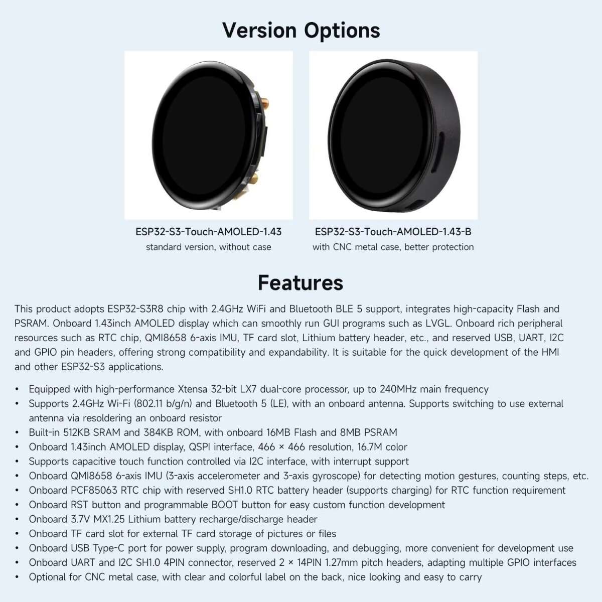 With Case - Waveshare ESP32-S3 1.43inch Touchscreen AMOLED Round Touch Display Development Board Sup