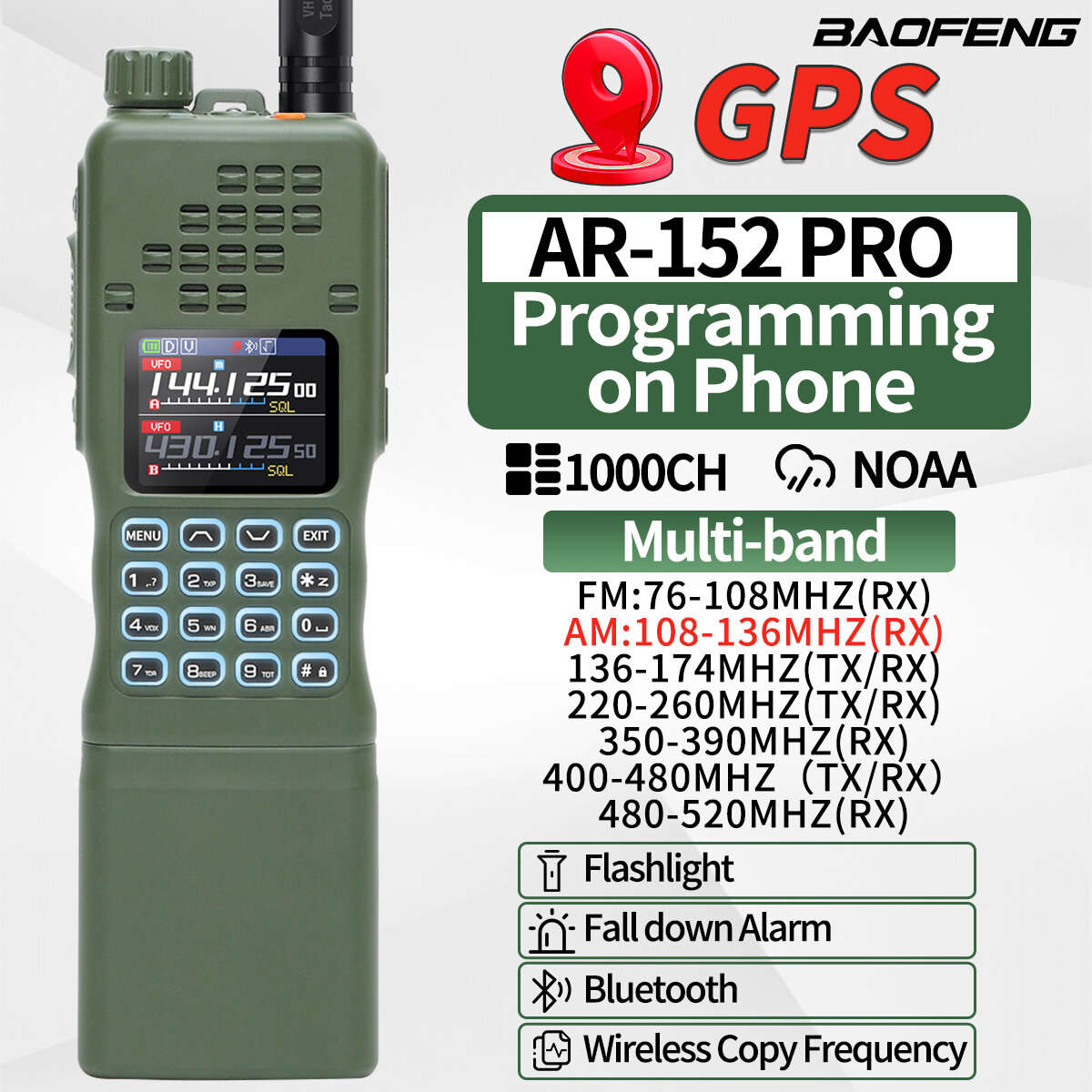 EU Plug - BAOFENG AR-152 PRO GPS Walkie Talkie Long Range bluetooth Programming 10W Multi Band 12000