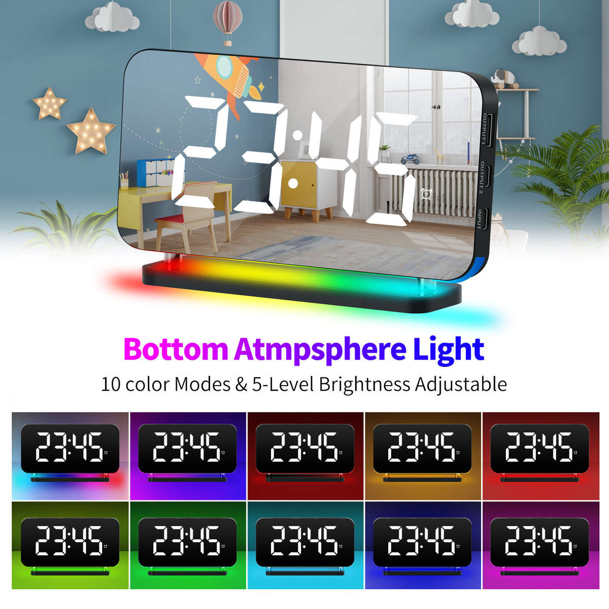 Black - Large Screen Electronic LED Mirror Clock Colorful RGB Display Colorful Night Light Radio Pro