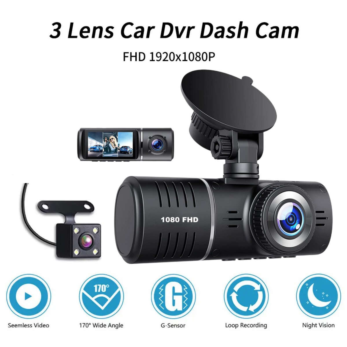 Black - J06 Car DVR 3 Channel HD 1080P 3Lens Inside Vehicle Dash Cam Three Way Camera DVR Recorder V