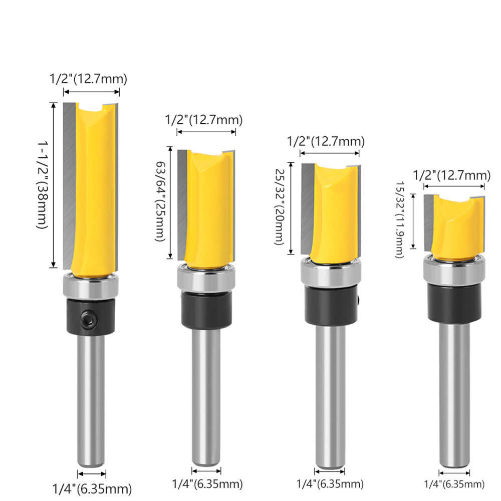 6mm Shank - 23pcs 6mm 1/4 Inch Shank Tungsten Carbide Flush Trim Pattern Router Bit Set with Bearing