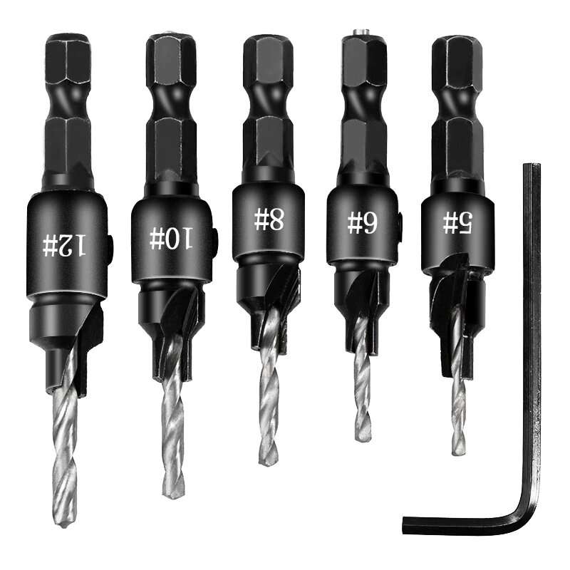 silver - 5pcs Countersink Drill Woodworking Drill Bit Set Drilling Pilot Holes For Screw Sizes #5 #6