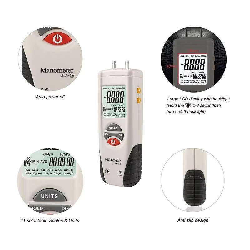 White 1 - HTI HT-1890 Gas Pressure Gauge Manometer Handheld Digital Manometer Data Hold Medidor Pres