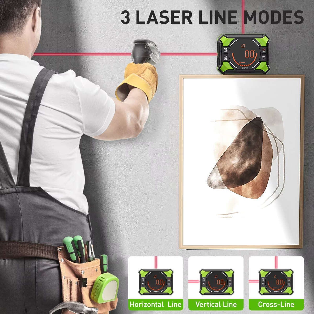 Green - Huepar AG2L Digital Angle Gauge 3-in-1 Laser Level High Precision 0.1 Magnetic Base Backlit