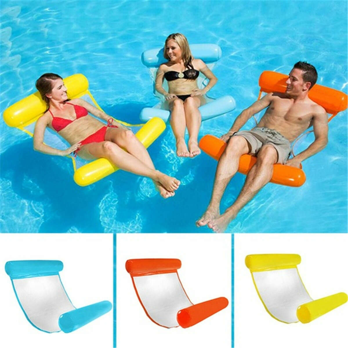 Clip Net Hammock Foldable Inflatable Backrest Floating Bed Row Water Play Lounge Chair - Light Blue