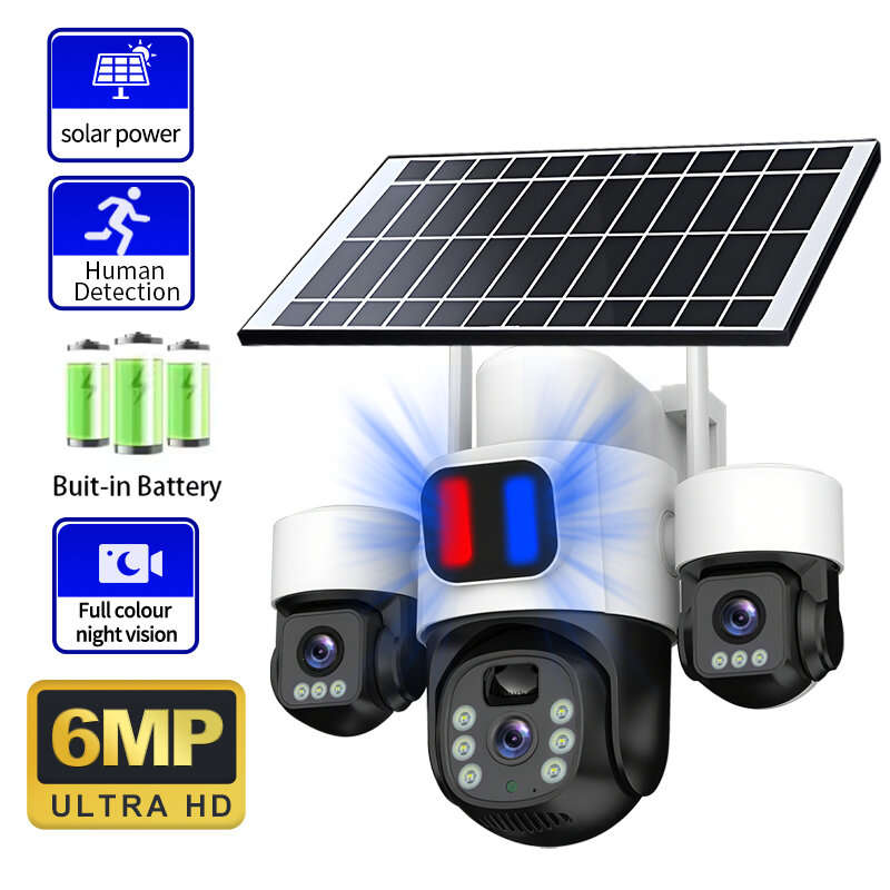 4G - Three Lens 6MP HD Solar Powered Security Camera 5X Zoom PTZ Color Night Vision Red Blue Alarm W