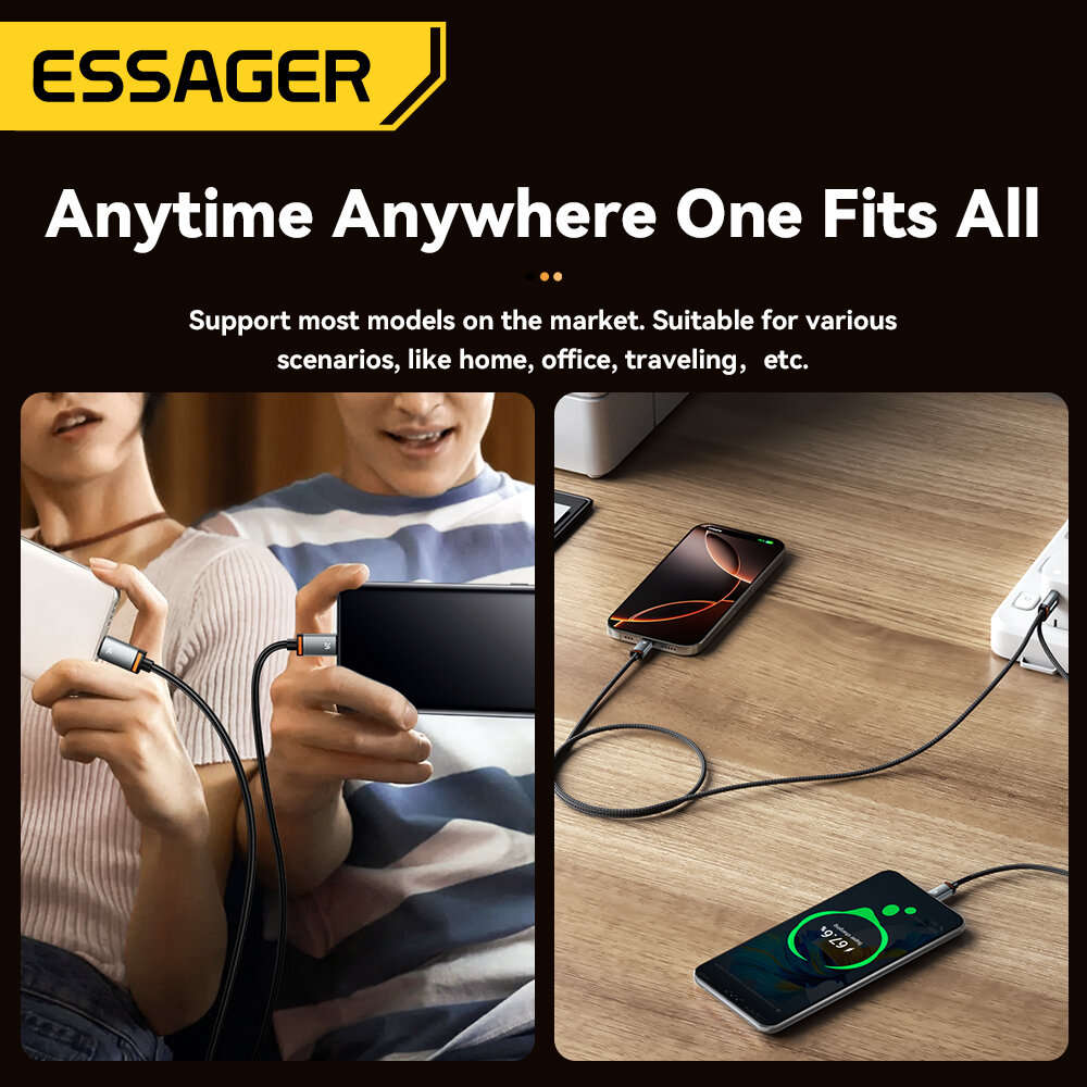 A-C+L[Black] - ESSAGER ES-X67 7A 100W USB-A to Type-C+Type-C Cable QC SCP FCP VOOC Fast Charging Dat
