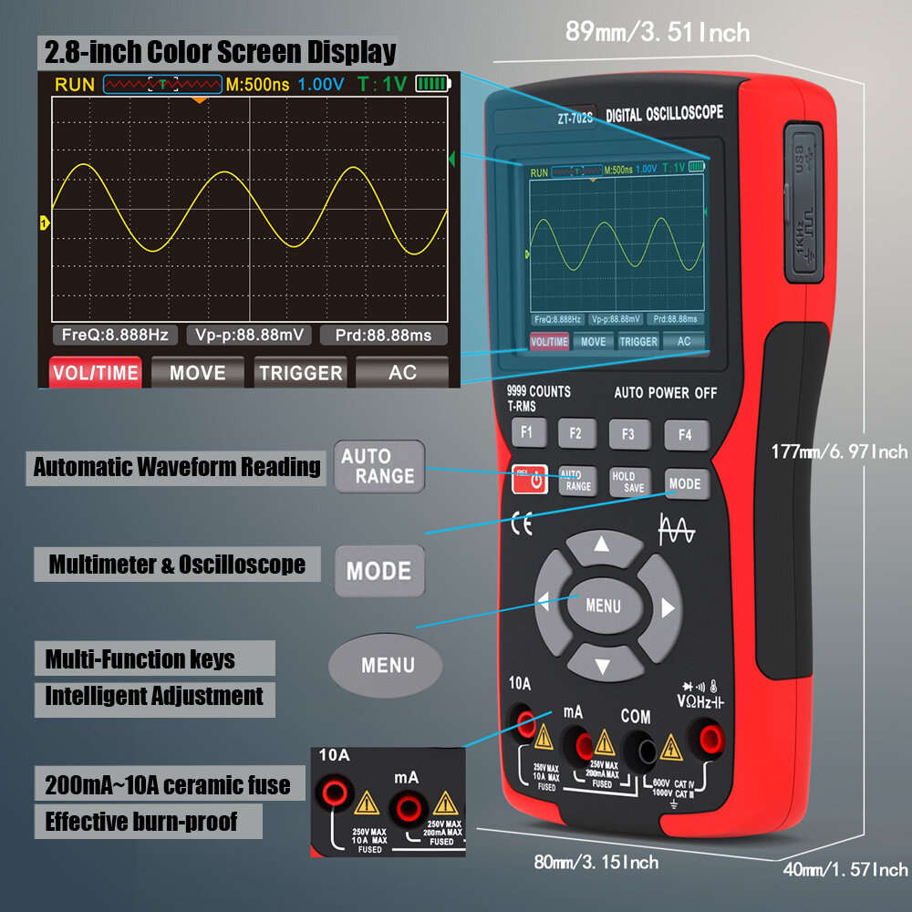 BSIDE ZT702S Digital Multimeter Auto True RMS Tranistor Probe Multimetro Meter 48M/S 10MHZ PC Wavefo
