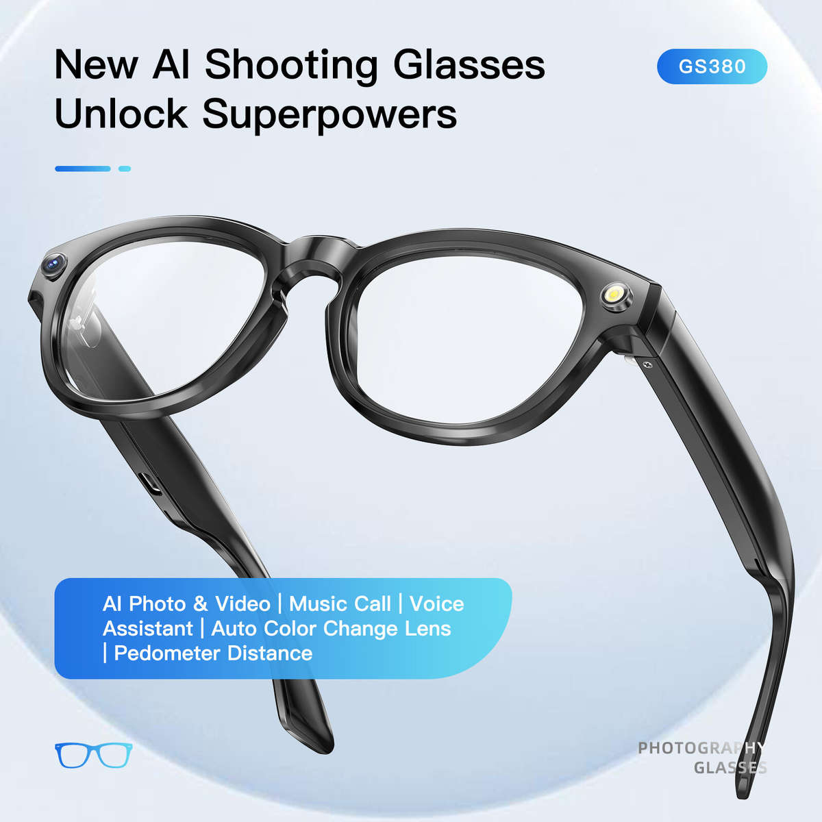 Black - GS380 bluetooth 5.4 AI Smart Shooting Glasses Support Voice & Gesture Control 10H Battery Bu