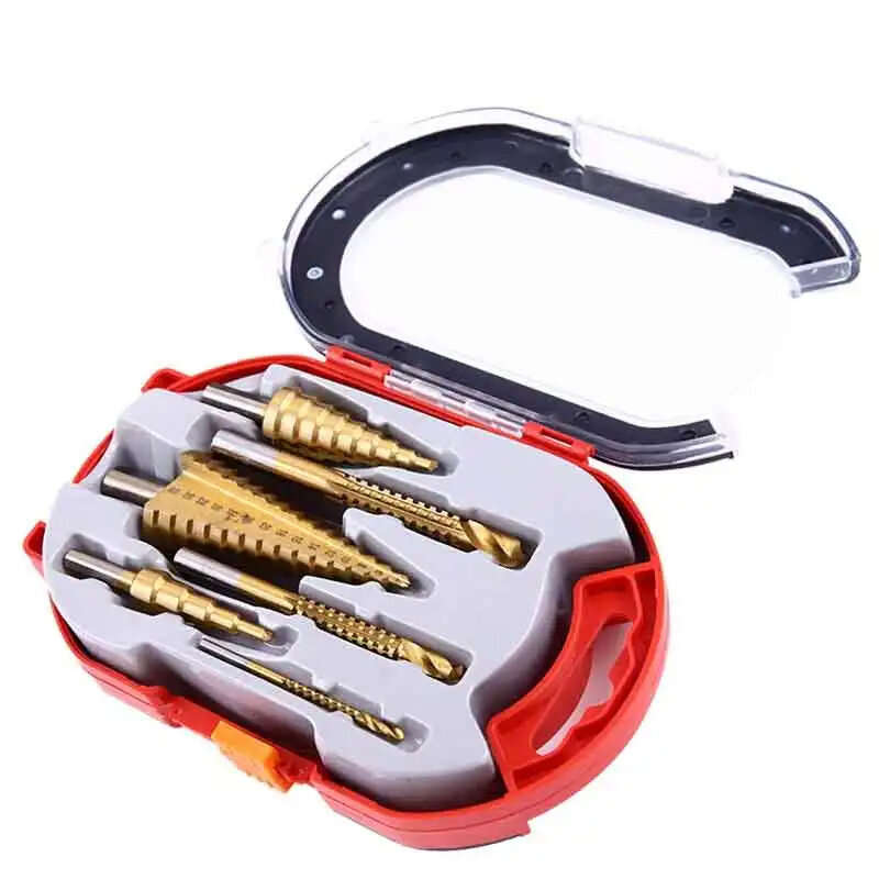 B - 6PCS High-Speed Steel Step Drill Bits Set Titanium Coated 4-12mm 4-20mm 4-32mm Serrated Drill Bi