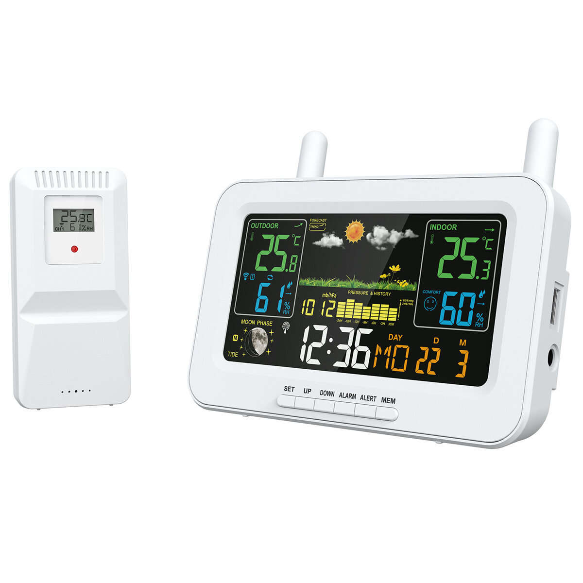 White - Weather Stations Wireless Indoor Outdoor Thermometers LCD Color Display Temperature Humidity