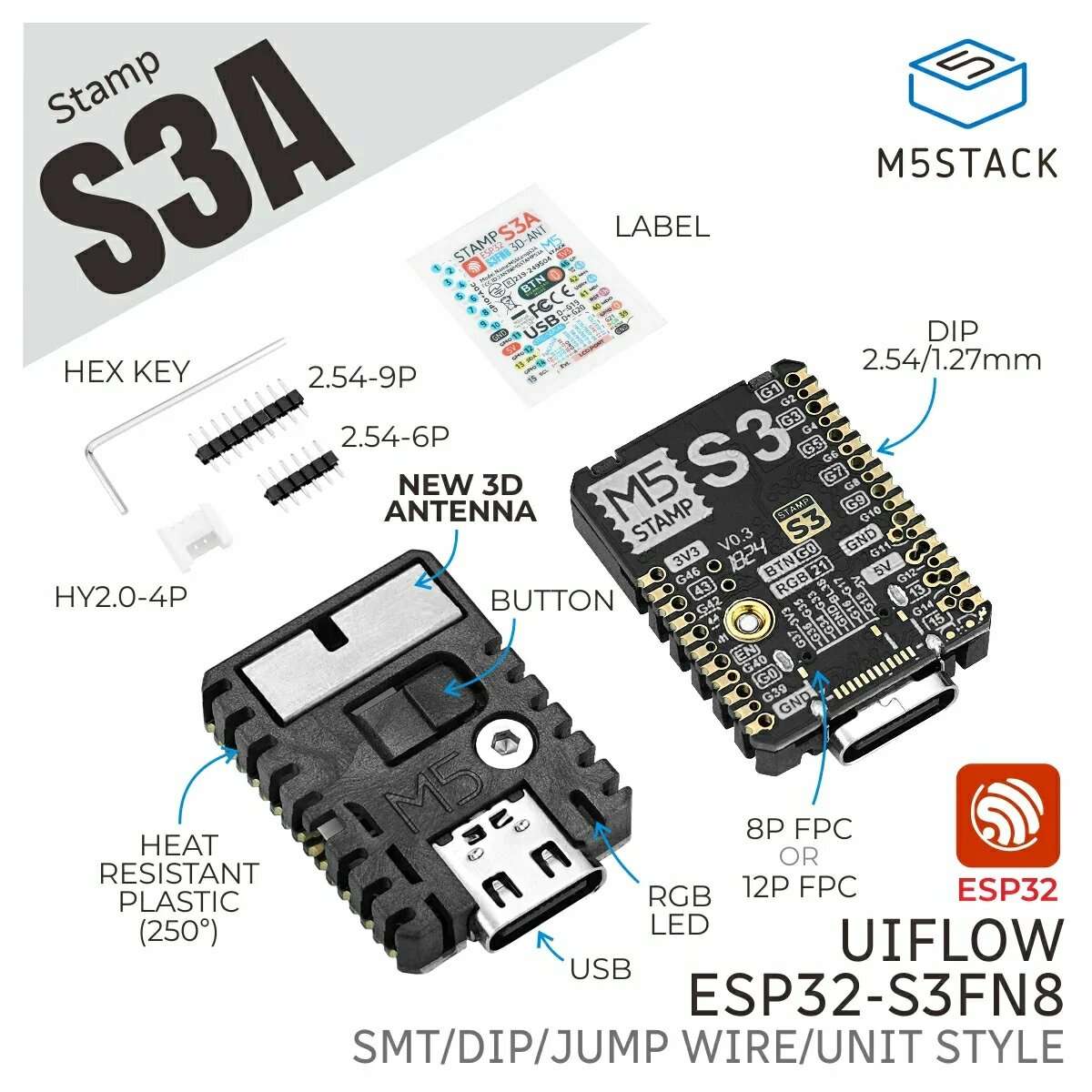 Black - M5Stack M5stampS3A Based ESP32-S3FN8 Embedded Module Programmable Development Board