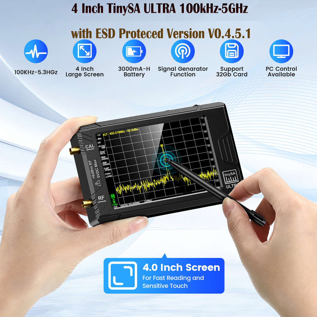 Handheld 4" Display Tiny Spectrum Analyzer TinySA ULTRA 100kHz to 5.3GHz with 32GB Card Version V0.4