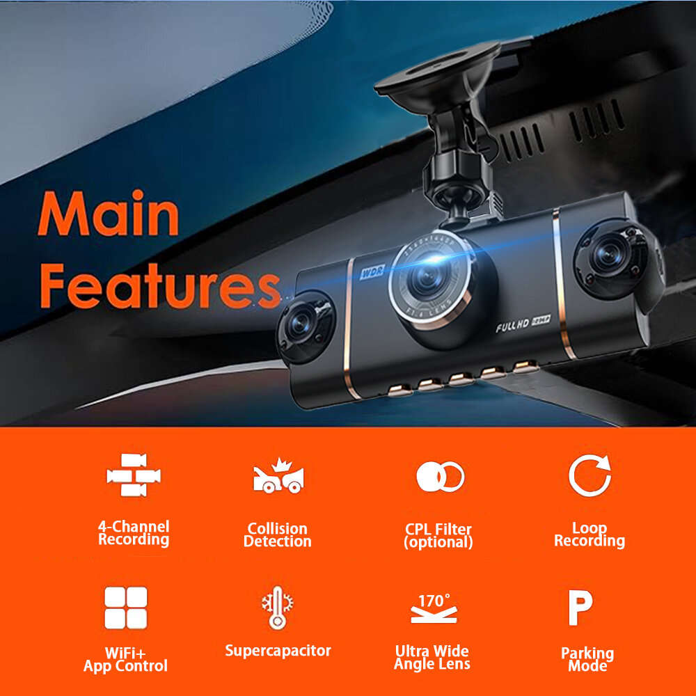 Black - 3 Inch IPS Screen 4 Lens Car Dashboard DVR Dash Camera Wifi Infrared Night Vision G-sensor 1