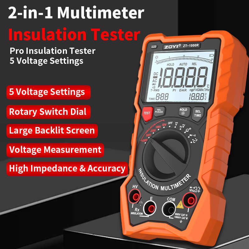 Basic Kit - 2in1 ZOYI ZT1000R Multimeter Insulation Tester 5 Voltage Settings 1000V AC DC True RMS H