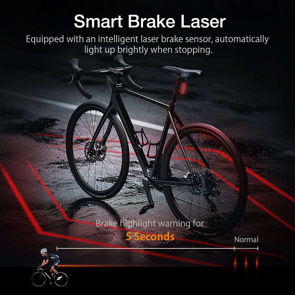 1pcs - LAOTIE LS80 Smart Brake Sensor Bike Taillight 500mAh Battery 6 Light Modes Type-C Rechargeabl