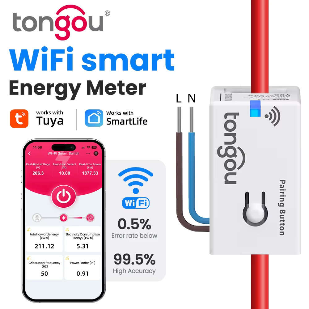 White - TONGOU Tuya Smart WiFi Energy Meter 1-50A Electric Sensor Real-Time Current Voltage Power Co