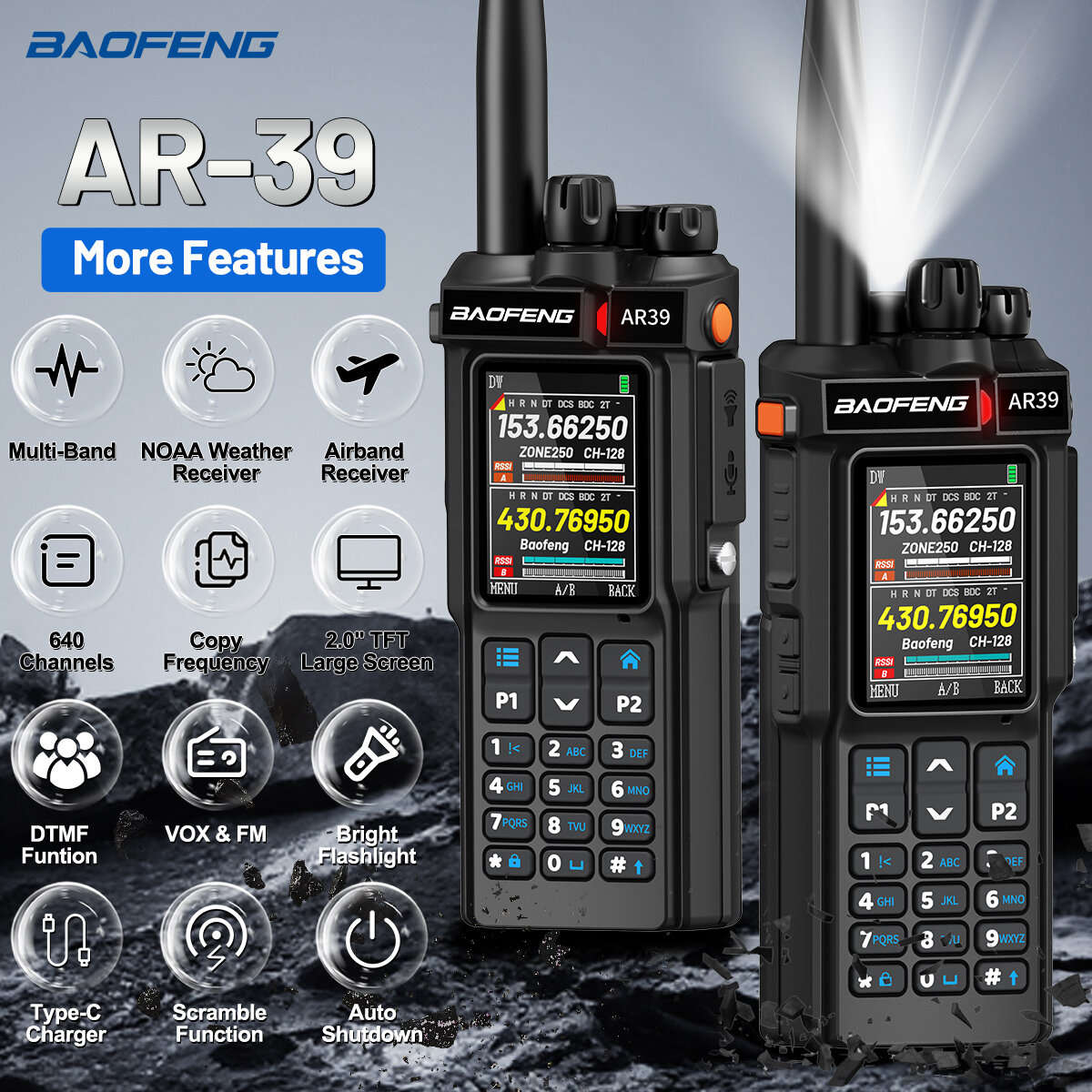 Radio+Earphone+Type-C+Frequency Writing Line - Baofeng AR-39 10W Walkie-Talkie 7-Color Font AM Long-