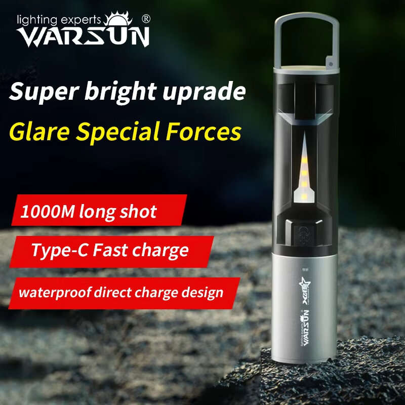 Black - WARSUN W7000 500 Lumens Rechargeable LED Flashlight with COB Side Light 4 Lights Modes Type-