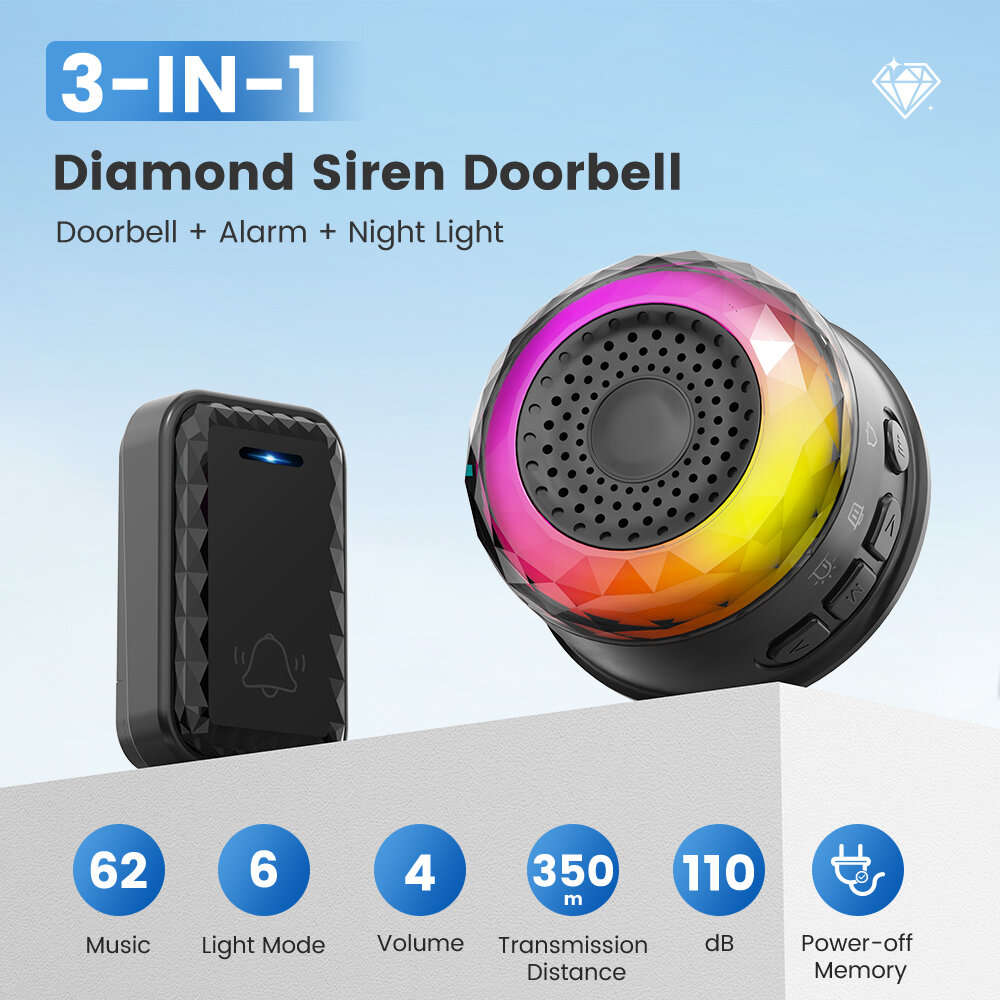 White - Smart Alarm Doorbell 110dB 350m Wireless Range 6 LED Lighting Modes 62 Ringtones IP44 Waterp