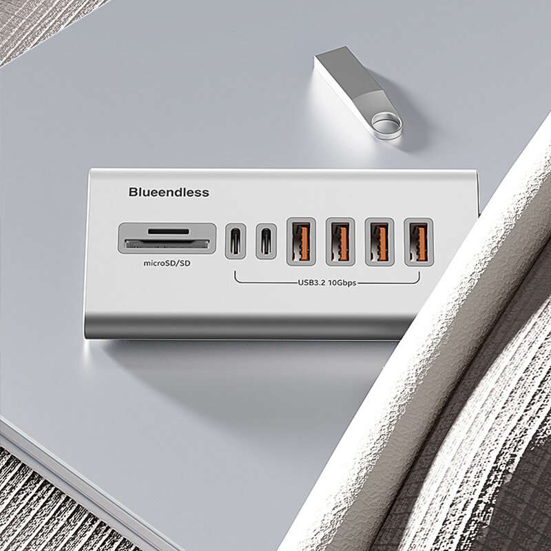 Grey - Blueendless HU806 8-in-1 USB-A Type-C Docking Station with 10Gbps USB-A 3.2*4 / USB-C 3.2*2 /