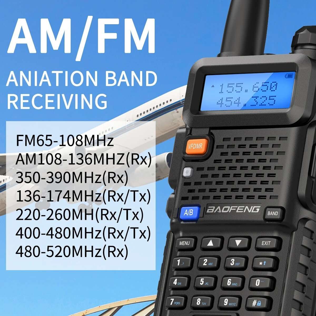 5W - Baofeng M-5R Walkie-Talkie 5W 8W Power Extended Version One-Key Frequency AM Aviation Full-Band