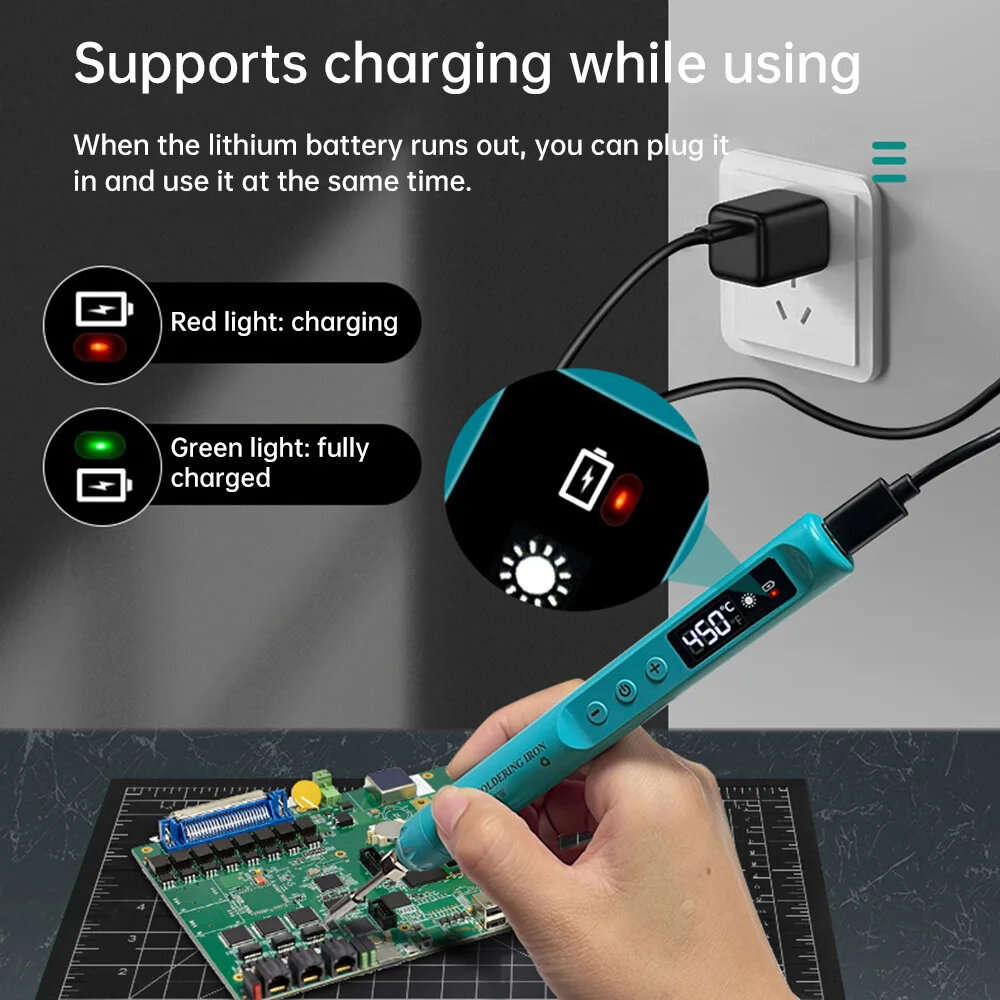 Black - USB Soldering Iron 800mAh Battery 8W Power Type-C Charging Adjustable Temperature 200-450 Po