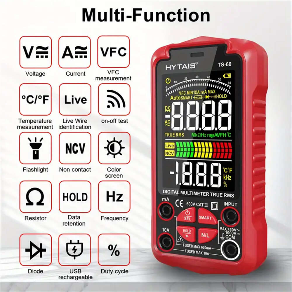 Red - HYTAIS TS-60 Digital Multimeter 6000 Counts High Precision Rechargeable Battery Live Wire Dete