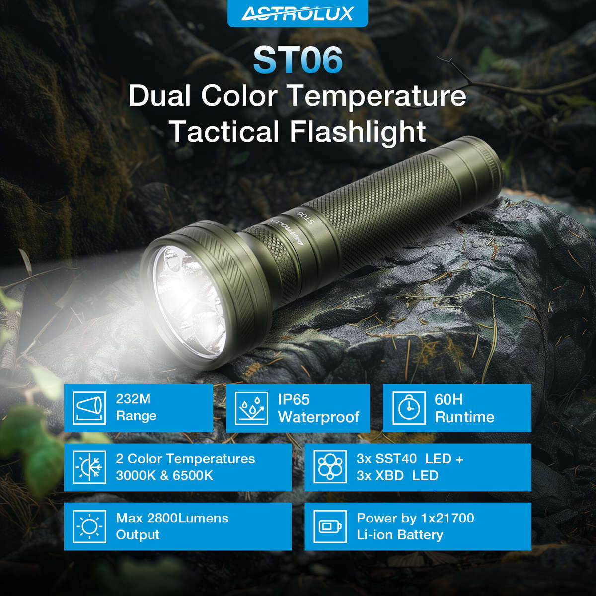 With Battery - Astrolux ST06 6*LED 2800LM Super Bright Tactical Flashlight with 3000K 6500K Dual Col