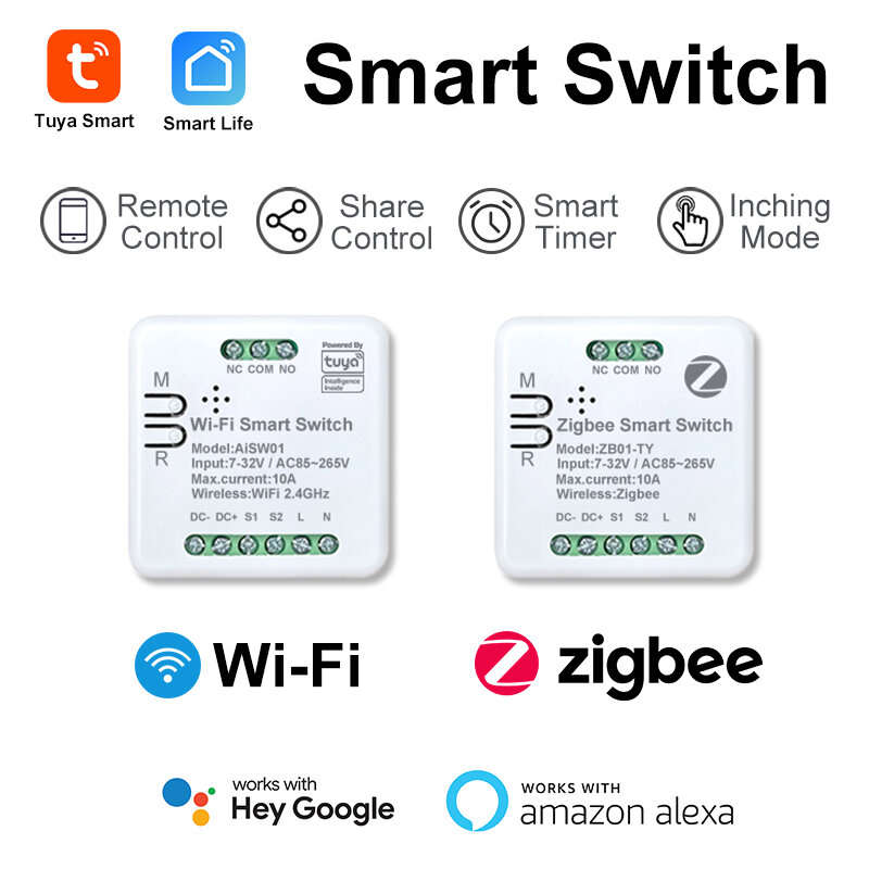 Zigbee+RF - Tuya Smart WiFi/Zigbe Switch Module 10A Dry Contact Inching Mode for Motor Mini Relay Ap