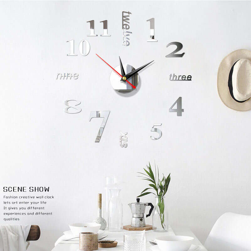 3D Acrylic DIY Large Wall Clock Mirror Surface Sticker 5 Color Home Office Decor...-(Color Silver)