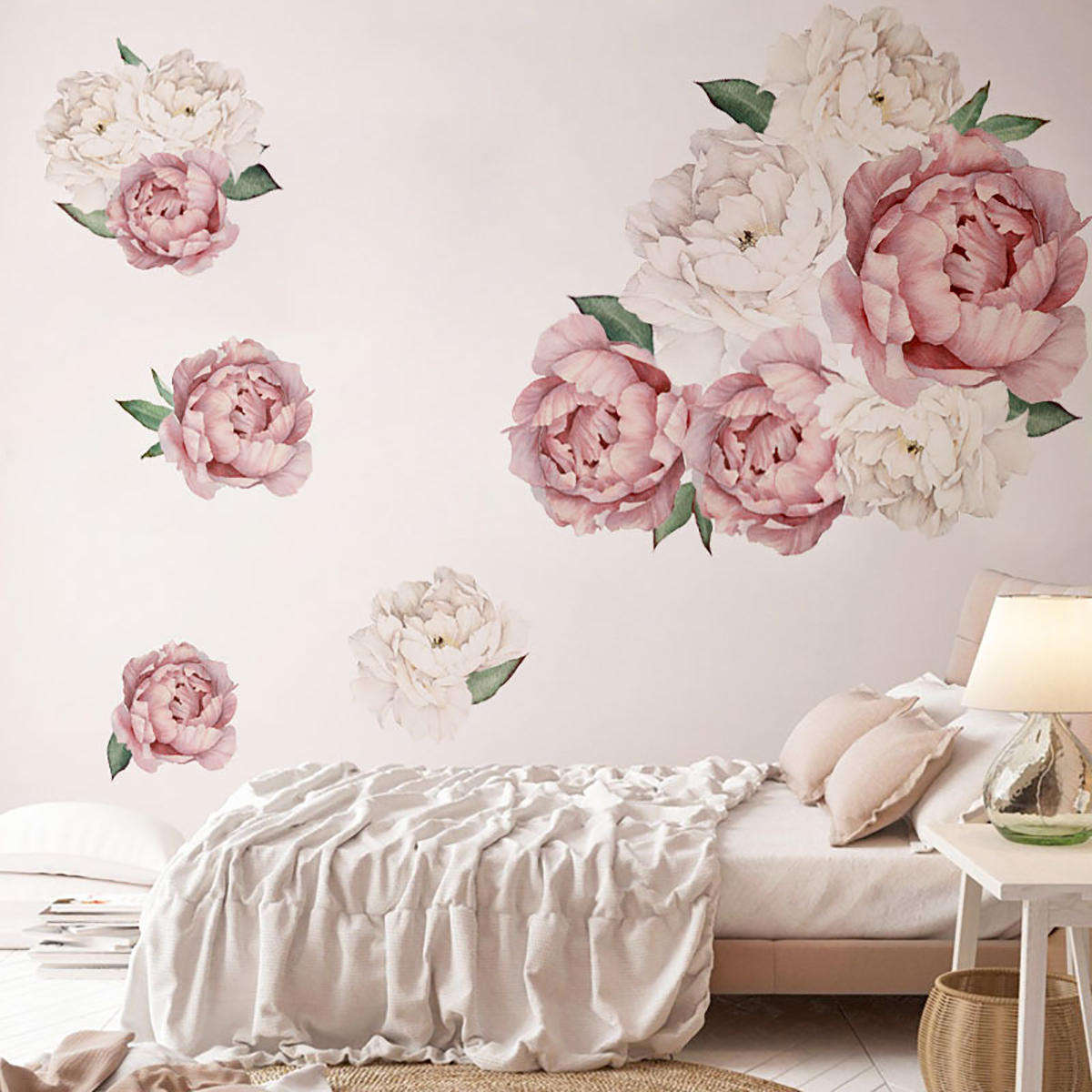 Roses Peony Floral Wall Sticker Paper Decals Blush Pink and white Flowers Self Adhesive Wall Sticker