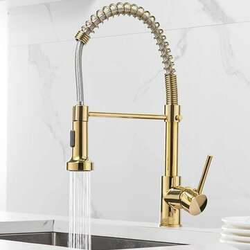 Luxury Gold Kitchen Sink Faucets Brass Single Lever Pull Out Spring Spout Mixers Tap Hot Cold Water