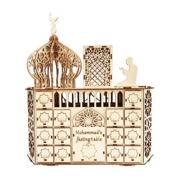 Wooden Mubarak Ramadan Advent Calendar 30 Day House Drawer LED Decor