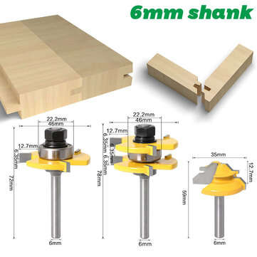 3Pcs 6mm Shank Tongue and Grooving Joint Router Bit 45 Degree Lock Miter Router Set