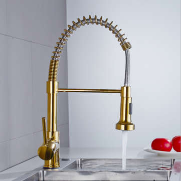Luxury Gold Kitchen Sink Faucets Brass Single Lever Pull Out Spring Spout Mixers Tap Hot Cold Water
